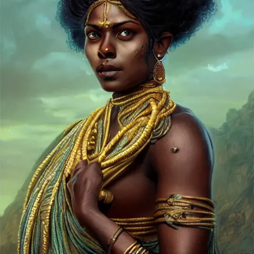 Image similar to portrait painting of a black muscular south indian woman, sari, ultra realistic, concept art, intricate details, eerie, horror, highly detailed, photorealistic, octane render, 8 k, unreal engine. art by artgerm and greg rutkowski and alphonse mucha