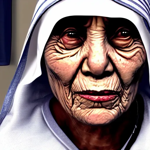 Image similar to Mother Theresa as a gangster in GTA5 8k hyperdetailed photorealism ultra high quality