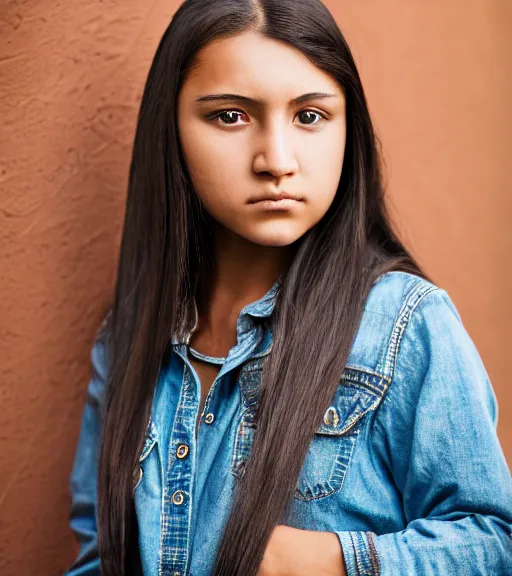 Image similar to professional, incredibly detailed headshot of a native american cherokee teenage girl with dark hair, beautiful eyes, a rebellious look, choppy hair, symmetrical features, realistic 8 k professional photography, midday lighting, defiant, octane, volumetric lighting, 7 0 mm, beautiful