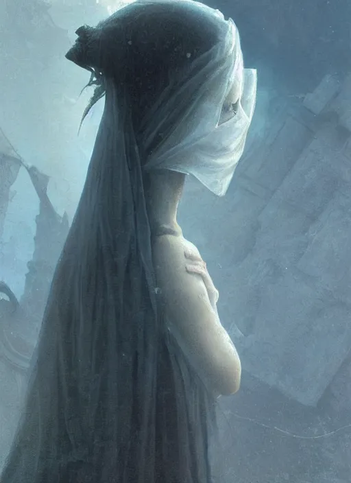 Image similar to close up of a veiled half scull mask girl on the ruins temple, looking at the camera curiously, smog on the floor, extremely beautiful and aesthetic and attractive detailed face and body, chiaroscuro, dynamic pose, fantasy illustrations, by makoto shinkai and jeremy lipking and ferdinand knab