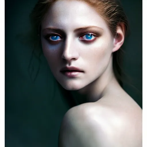 Image similar to photographic portrait of a stunningly beautiful renaissance female, white irises and dark eye makeup, in soft dreamy light at sunset, god rays, contemporary fashion shoot, by edward robert hughes, annie leibovitz and steve mccurry, david lazar, jimmy nelsson, breathtaking, 8 k resolution, extremely detailed, establishing shot, artistic, hyperrealistic, perfect face, octane render
