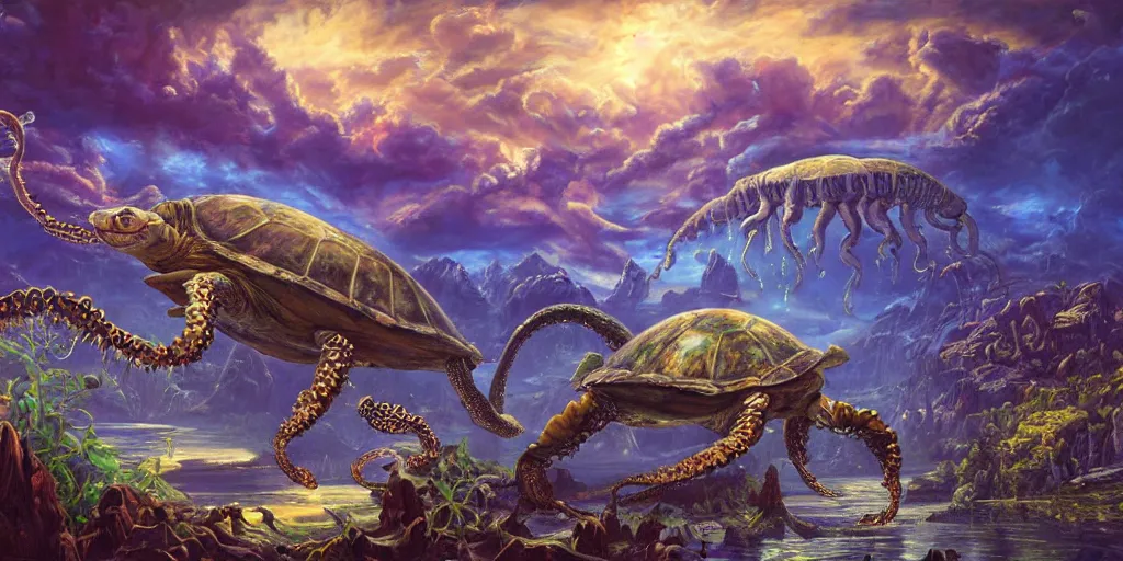 Image similar to fantasy oil painting, great leviathan, cybernetic turtle cephalopod terrapin reptilian pachyderm squid, bella hadid, hybrid, milla jovovich, anubis, epic natural light, lush plants flowers, spectacular mountains, bright clouds, luminous sky, outer worlds, golden hour, michael cheval, edward hopper, michael whelan, vray, hd