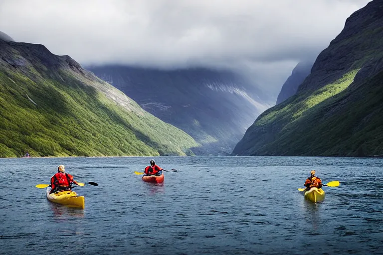Prompt: kayaking ona norwegian fjord by quentin mabille