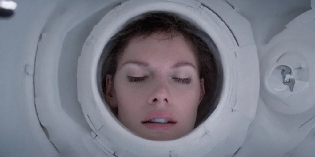 Image similar to a wide shot of Ripley sleeping inside an all-white room of cryogenic sleep chambers by Ridley Scott, Alien movie, grainy, bluish and cream tones