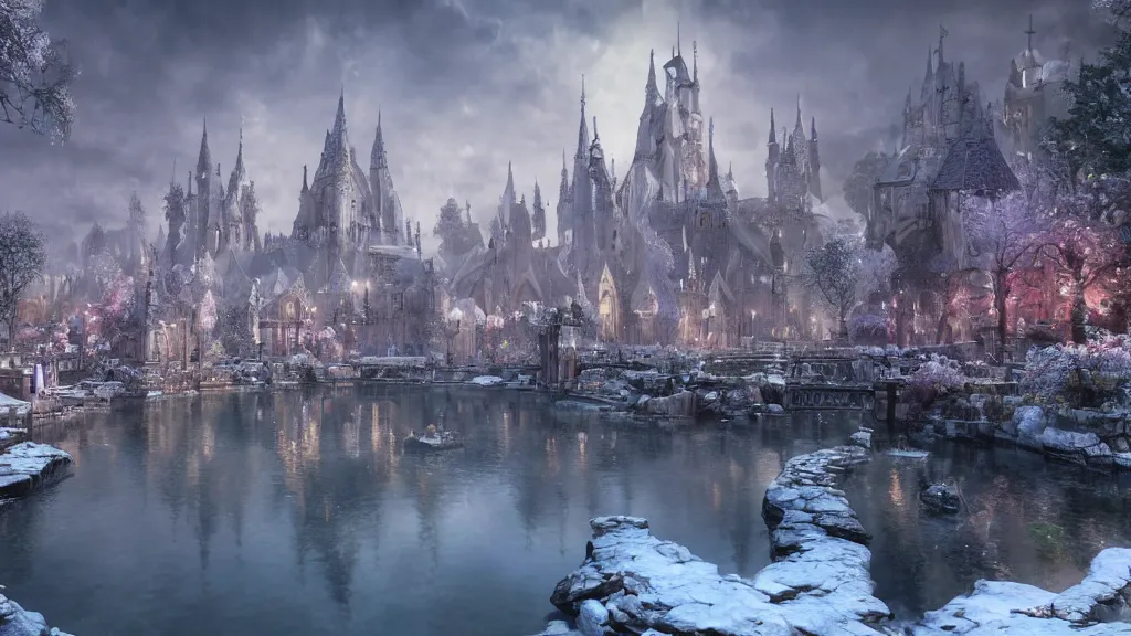 Image similar to a snow white city surrounded by a lake of holy water, fantasy artwork, very very very beautiful scenery, hd, hdr, ue5, ue6, unreal engine 5, cinematic 4k wallpaper, 8k, ultra detailed, high resolution, artstation, award winning
