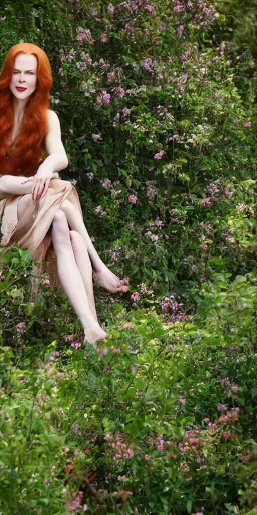 Image similar to beautiful redhead woman, nicole kidman, long hair, beautiful dress, 1930, out of focus, sitting in green garden