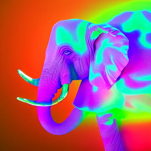 Prompt: 8K UHD Houdini render of crystalpunk mysterywave biocore herbalmancer elephant, background bioluminescent swirling wisps, red yellow green blue smoke gradient palette, volumetric lighting, 18 mm lens -n 9 -H 896