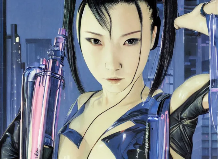 Image similar to cyberpunk japanese women with black eyes and pretty face wearing latex catsuit and lots of transparent and cellophane accessories, blue hour, crisp, painting by moebius and mayumi hosokura