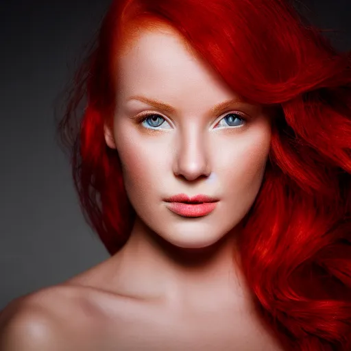 Prompt: a beautiful woman with red hair, close - up photography, studio lighting