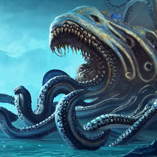 Image similar to A blue Kraken in the sea, highly detailed, fantasy art, female art, in the style of greg rutkowski, illustration, epic, fantasy, intricate, hyper detailed, artstation, concept art, smooth, sharp focus, ray tracing