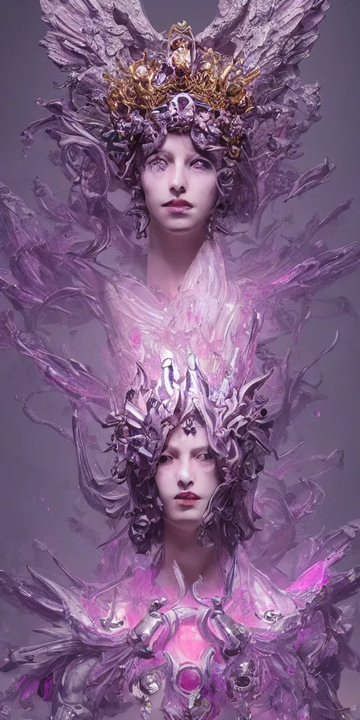 Prompt: female angel queen head wearing shiny pink crown, subtle purple accents, hyper details, black metal rococo, sculpted by Alex Alice, Craig Mullins, yoji shinkawa, trending on artstation, beautifully lit, Peter mohrbacher, hyper detailed, insane details, intricate, elite, elegant, luxury, ray of light through smoke, CGsociety, hypermaximalist, golden ratio, background urban cityscape, night, neofuture, volumetric, octane render, weta digital, micro details, 3d sculpture