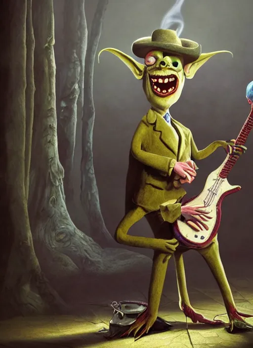 Prompt: a cute sharply dressed goblin playing the blues on an old guitar, in the style of boris valejo and man ray and terry gilliam, fantastic, dramatic lighting, smoke, mist, forest, hyperrealistic, detailed, octane render