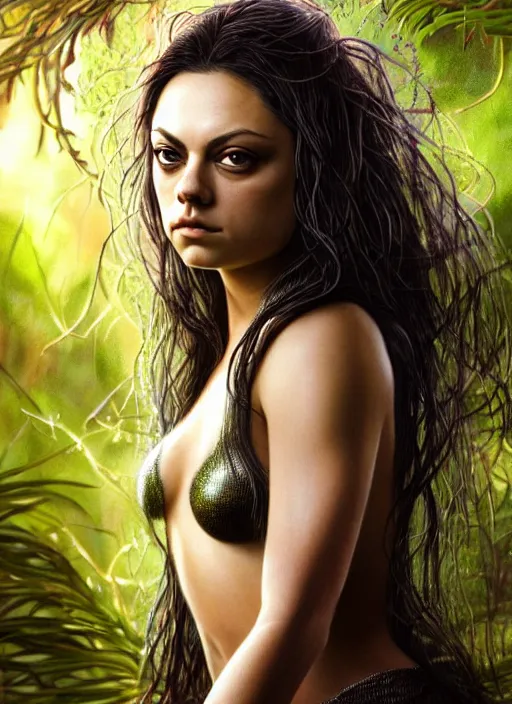 Image similar to photo of a mila kunis as medusa in the style of stefan kostic, realistic, half body shot, sharp focus, 8 k high definition, insanely detailed, intricate, elegant, art by stanley lau and artgerm, extreme bokeh foliage