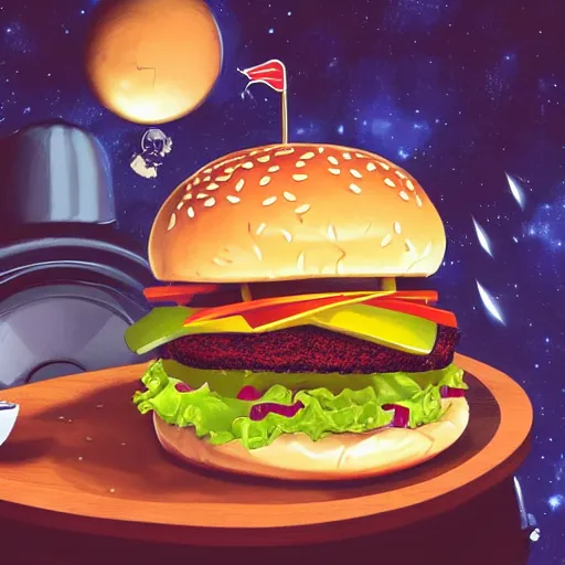 Prompt: a humanoid chicken!!!!! eating a burger while floating inside of a space station, golden ratio!!!!!, centered!!!!!, artstation, cgsociety contest winner, 4 k quality, digital art, anime style, studio ghibli!!!!!