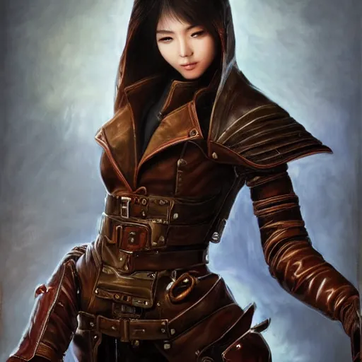 Image similar to perfect, realistic oil painting of close-up japanese young woman wearing leather jacket, in Diablo 3