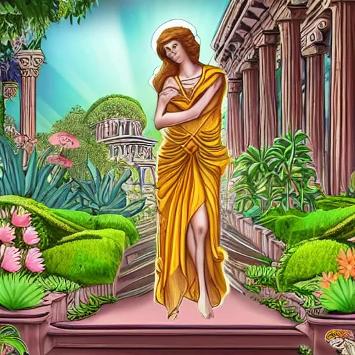 Prompt: cartoon, detailed, mother nature, greek goddess, saint, holy, garden, exotic plants, temple, marble, gold details, spongebob animation