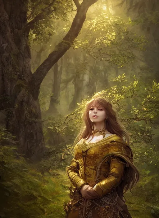 Image similar to Beautiful art portrait of a female fantasy cleric in a bright temple surrounded by yellow spring forest and dead trees, evening, atmospheric lighting, intricate detail, cgsociety, hyperrealistic, octane render, RPG portrait, ambient light, dynamic lighting