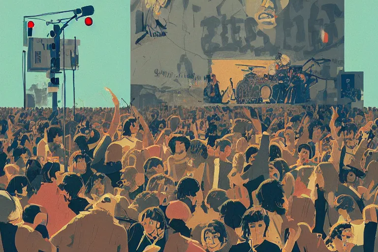 Image similar to Beautiful painting of data moshing of a picture of a rock band from the 1970\'s by wes anderson and ismail inceoglu, trending on behance