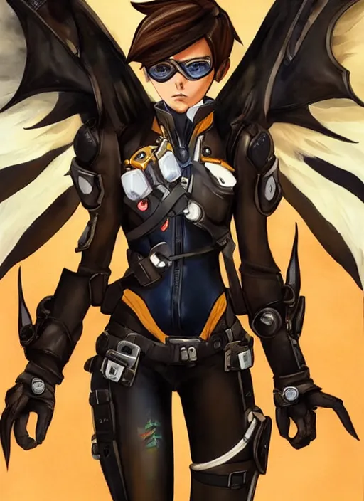 Image similar to full body artwork of tracer overwatch wearing leather collar, angel wings, dramatic painting, symmetrical composition, wearing detailed leather collar, black shiny armor, chains, black harness, detailed face and eyes,