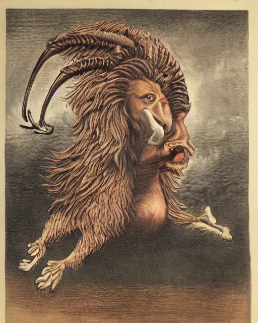 Image similar to human / eagle / lion / ox hybrid with two horns, one big beak, mane, human body. drawn by francis bacon