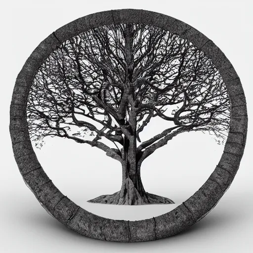 Image similar to soul tree of the earth, perfect symmetry, left side chaos, right side serenity, circular base surrounding grand tree, cinematic, ultrarealistic, intricate detail, finely detailed, small details, extra detail, high resolution, 3D, volumetric lighting, octane render, 8k, ultradetailed, photorealistic,