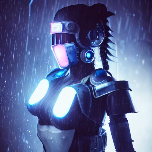 Image similar to An hyperrealistic portrait painting of a female cyberpunk armor warrrior, no face mask, blue and ice silver color armor, cyberpunk feel raining at tokyo midnight rooftop, unreal 5, DAZ, 8k, hyperrealistic, octane render, cosplay, RPG portrait, final fantasy artwork concept, dramatic lighting, rim lights, PS5 render quality