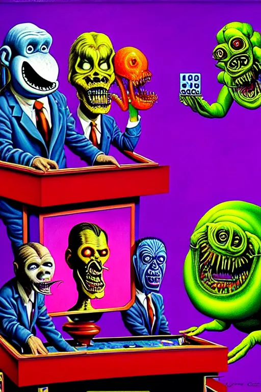 Image similar to a hyperrealistic painting of a trippy gameshow announcer with a panel of monsters playing jeopardy. cinematic horror by jimmy alonzo, the art of skinner, chris cunningham, lisa frank, richard corben, highly detailed, vivid color,