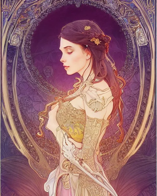 Image similar to a death, highly detailed, very intricate, art nouveau, gold filigree, romantic storybook fantasy, soft cinematic lighting, award - winning, disney concept art watercolor illustration by mandy jurgens and alphonse mucha and alena aenami, pastel color palette, featured on artstation