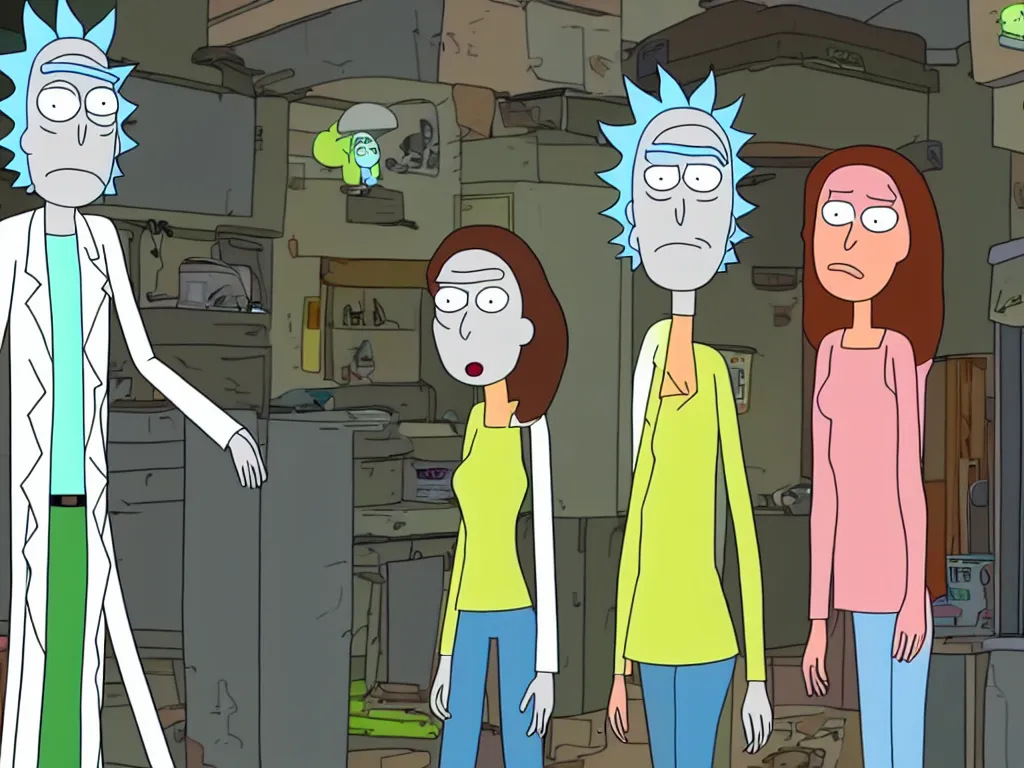 Image similar to a still from a female version of rick and morty