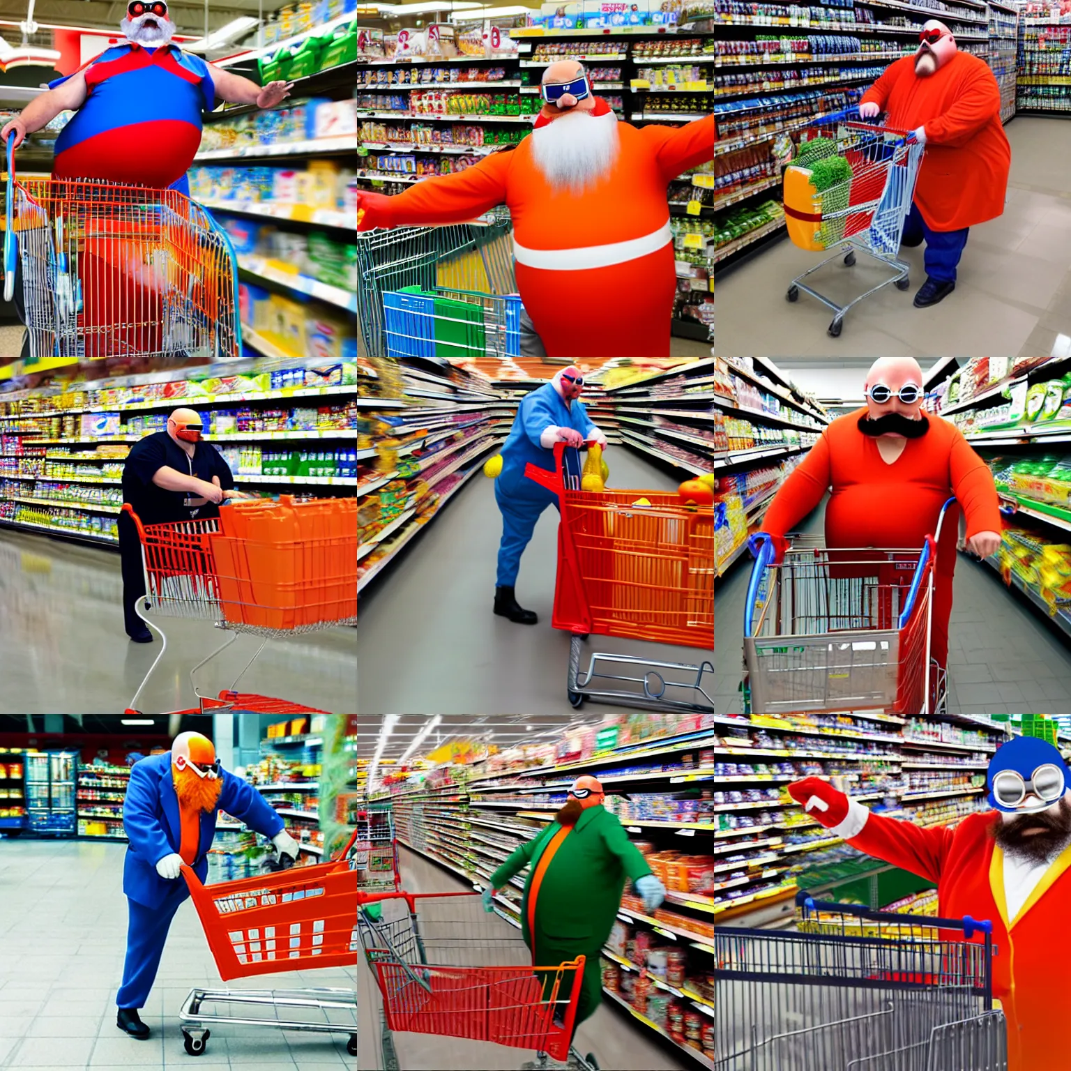 Prompt: dr. robotnik pushing a shopping cart at a supermarket, wearing goggles, bald, long and orange mustache, red uniform, overweight, realistic photograph