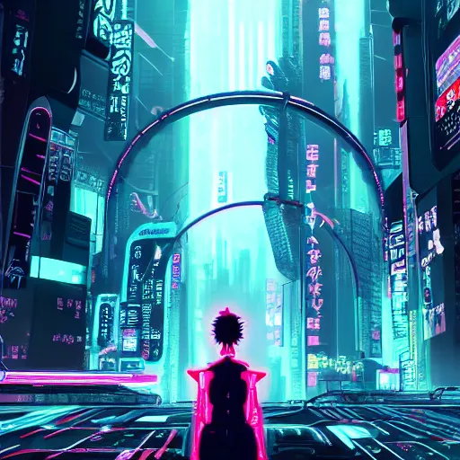 Prompt: Circle portal structure leading to a vast neon cyberpunk Tokyo in style of Tsutomu Nihei. Cyberpunk, vertical symmetry, 8K, Highly Detailed.