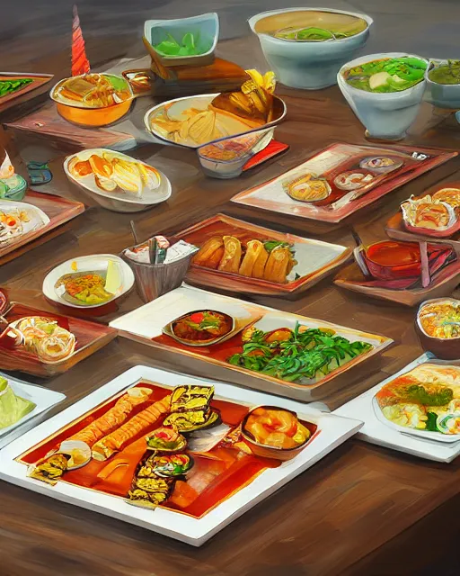 Prompt: a painting of a table full of korean foods, concept art by taro yamamoto, pixiv contest winner, auto - destructive art, official art, concept art, pixiv