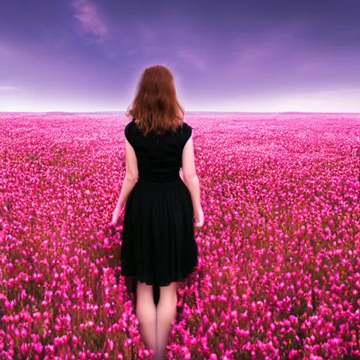 Prompt: full body snake head girl standing in a flower field, her head is hidden behind many snakes, surreal photography, sunrise, dramatic light