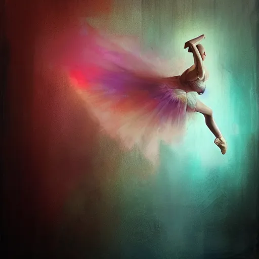 Image similar to ballet dancer by cy Twombly and BASTIEN LECOUFFE DEHARME, colorful, iridescent, volumetric lighting, abstract