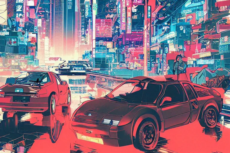 Prompt: Poster Illustration of Geo Metro, neo-Tokyo, Akira Color Palette, Inspired by Akira + MGS2 + FLCL, 8k :4 by Vincent Di Fate + Arc System works + Katsuhiro Otomo 2002 peugeot 206 xs, city in anime cyberpunk style by Hayao Miyazaki