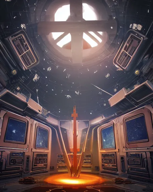 Image similar to space station prayer room, with cross, dramatic ambient lighting, epic composition, high detail, octane render, unreal engine, 8 k, smooth gradients, professional photo, photorealistic, concept art, oil painting, digital art, deviantart artstation, ray tracing, intricate complexity, extremely detailed,