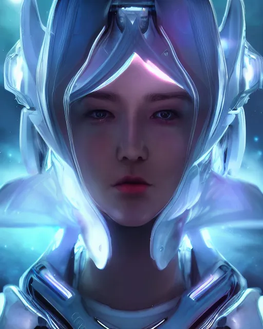 Image similar to perfect android girl on a mothership, warframe armor, beautiful face, scifi, futuristic, galaxy, nebula, raytracing, dreamy, long white hair, blue cyborg eyes, sharp focus, cinematic lighting, highly detailed, artstation, divine, by gauthier leblanc, kazuya takahashi, huifeng huang