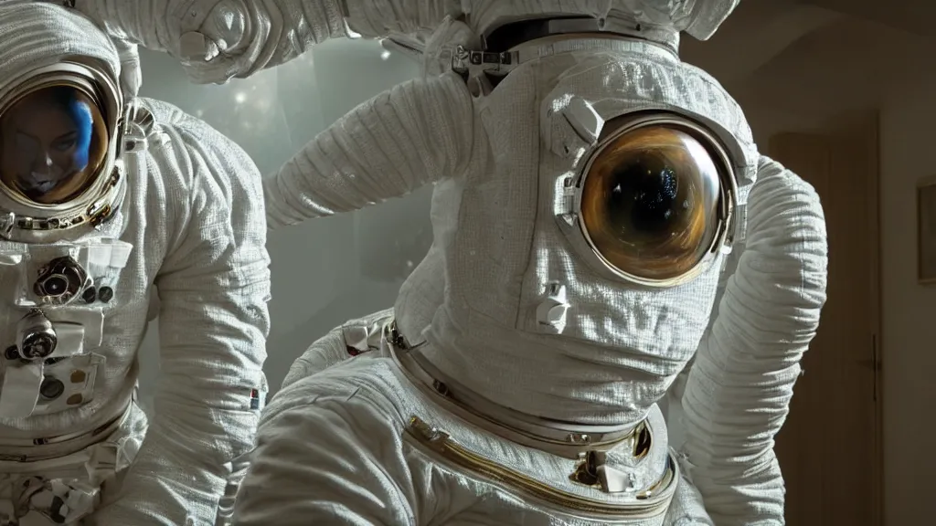 Image similar to a astronaut eva suit covered in diamond 3d fractal lace iridescent bubble 3d skin and covered with insectoid compound eye camera lenses floats through the living room, film still from the movie directed by Denis Villeneuve with art direction by Salvador Dalí, wide lens,