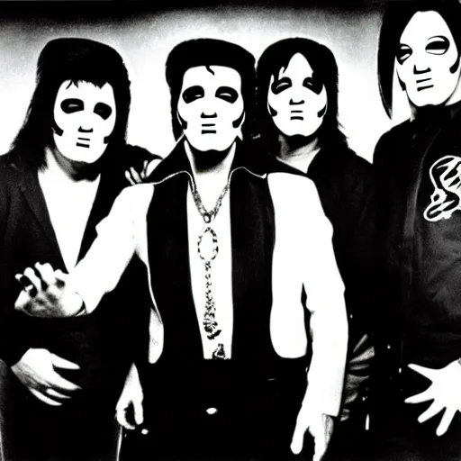 Prompt: elvis presley as a member of slipknot. Band photography, black and white