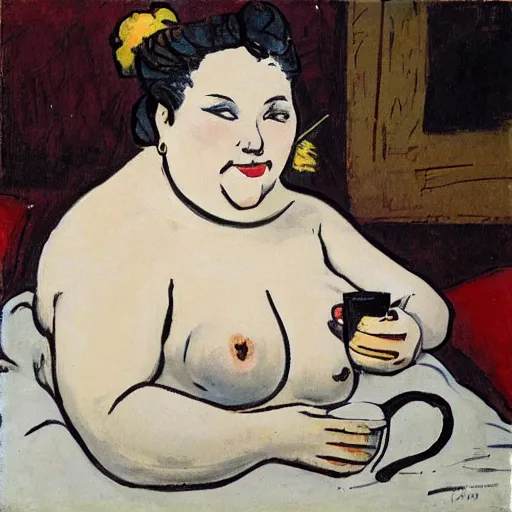 Image similar to a beautiful fat woman drinking coffee in a bed with white sheets drinking coffee in the style of telous lautrec