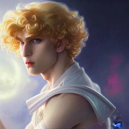 Prompt: Sailor Moon as a male, pale skin curly blond hair, fantasy, intricate, elegant, highly detailed, digital painting, artstation, concept art, matte, sharp focus, illustration, art by Artgerm and Greg Rutkowski and Alphonse Mucha