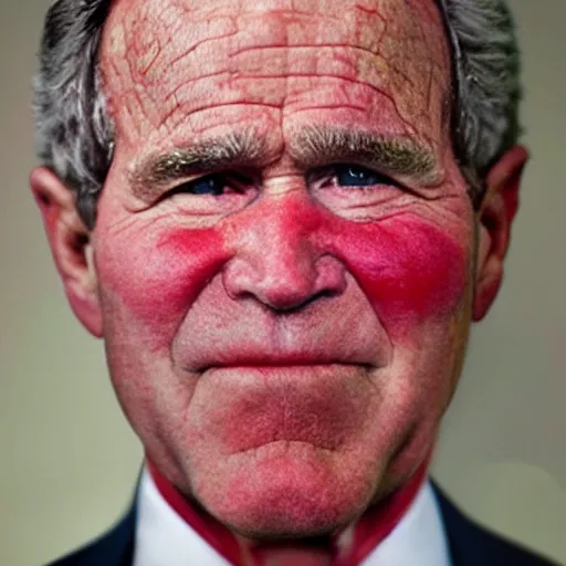 Image similar to An Alec Soth portrait photo of George W. Bush with bright red glowing eyes, sweat is glistening on his face