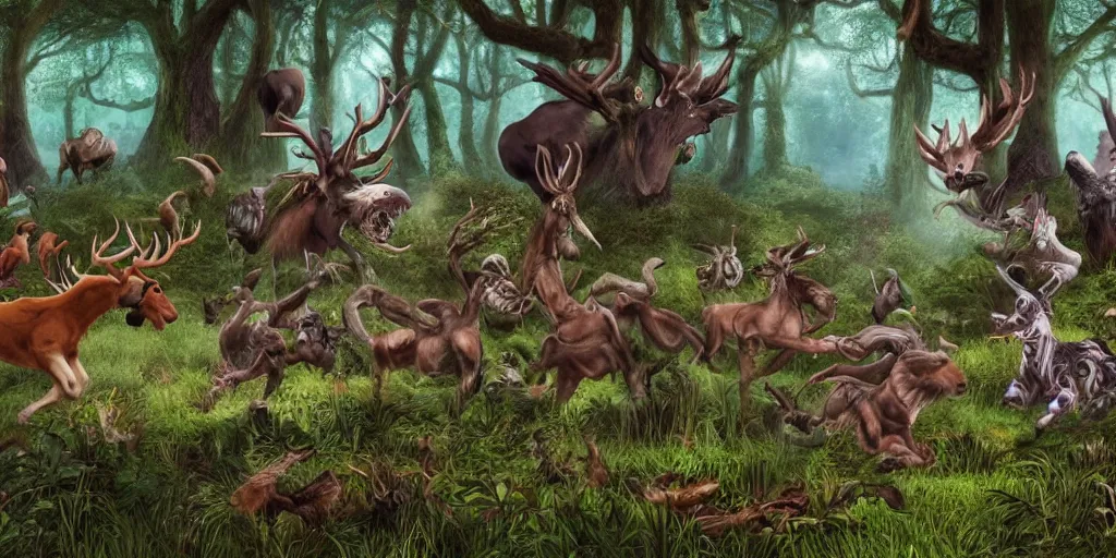 Image similar to panorama of animals in enchanted forest running away from necromancer's army