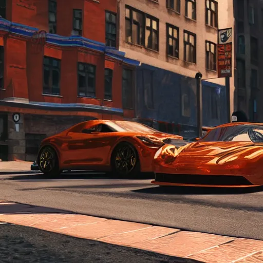 Image similar to copper colored sport car racing through a street in nyc, painted by, mc escher, gordon onslow ford, georgia o'keeffe and ivan aivazovsky, cinematic light, god rays, colourful, unreal engine.