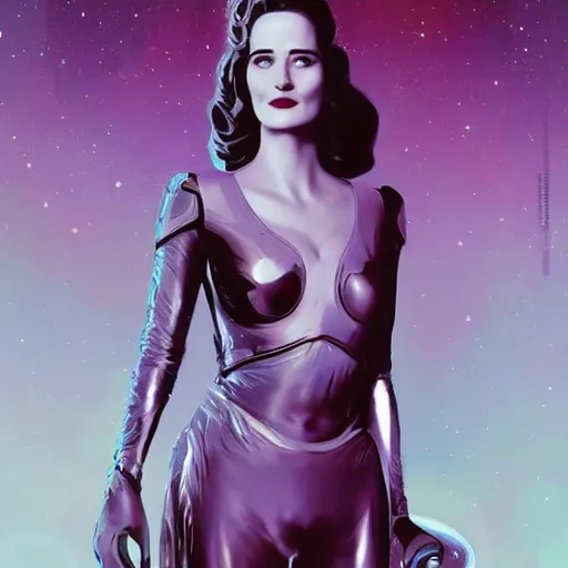 Image similar to Eva Green as a stunning , beautiful retro SCI-FI space heroine 1985 , movie poster, intricate, elegant, highly detailed, centered, digital painting, trending on artstation, concept art, smooth, sharp focus, illustration, art by raphael lacoste ,eddie mendoza ,alex ross, WLOP