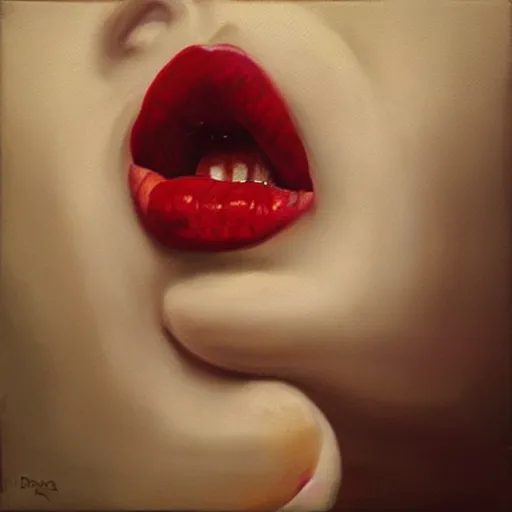 Prompt: “ hyperrealistic portrait of a beautiful woman, pale skin, red lips, tongue licking lips, drenched in honey by mike dargas ”