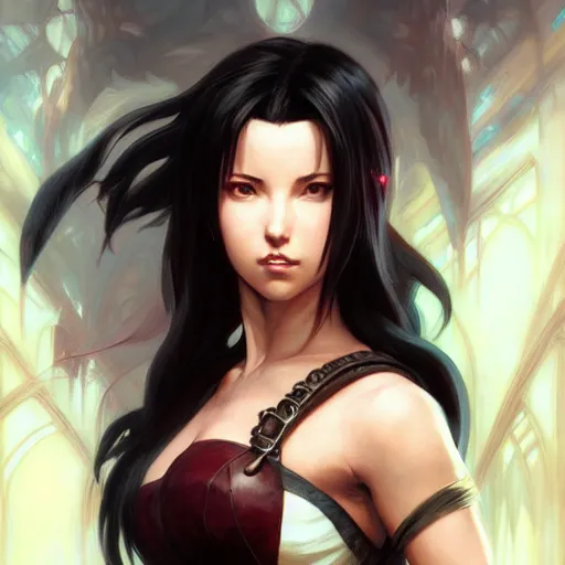 Prompt: an epic fantasy comic book style portrait painting of tifa, d & d, fantasy, intricate, elegant, digital painting, artstation, concept art, extremely detailed, matte, sharp focus, illustration, art by artgerm and greg rutkowski and alphonse mucha