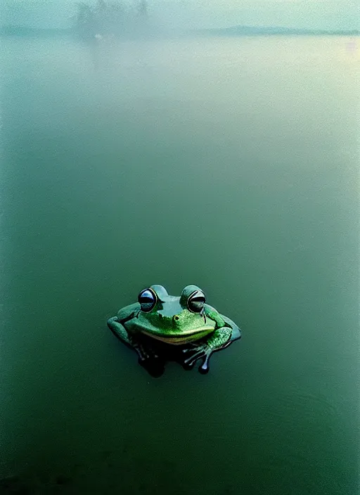 Image similar to “smiling frog vertically floating above misty lake waters in jesus christ pose, low angle, long cinematic shot by Andrei Tarkovsky, paranormal, eerie, mystical”