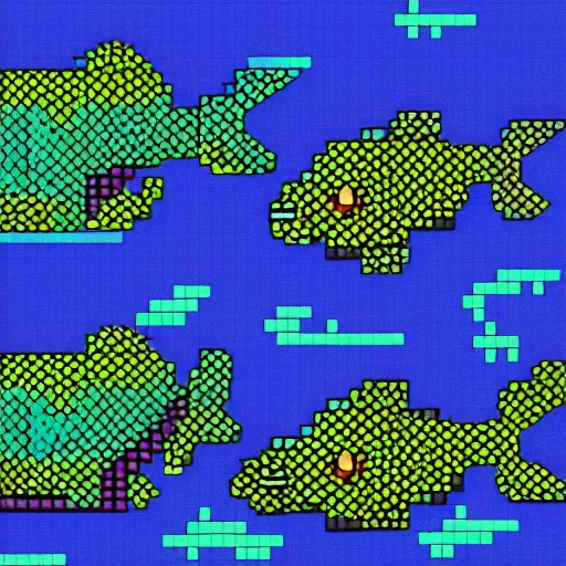 Prompt: two fishes talking to eachother in deep sea, 8 - bit art