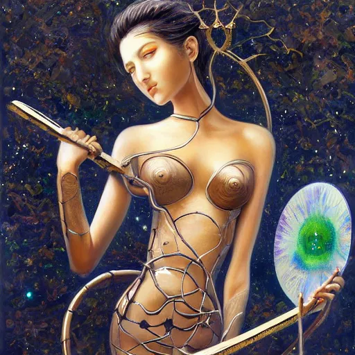 Prompt: beautiful gorgeous pristine Goddess of life itself with a scythe, dark Goddess of artificial intelligence creating an artificial neural network with gold synapses on an anvil with her scythe, high resolution, award winning art, trending on art station, sharp image, incredibly detailed, detailed character, realistic painting, hyper-realistic painting, coherent painting, master piece by ramon y cajal